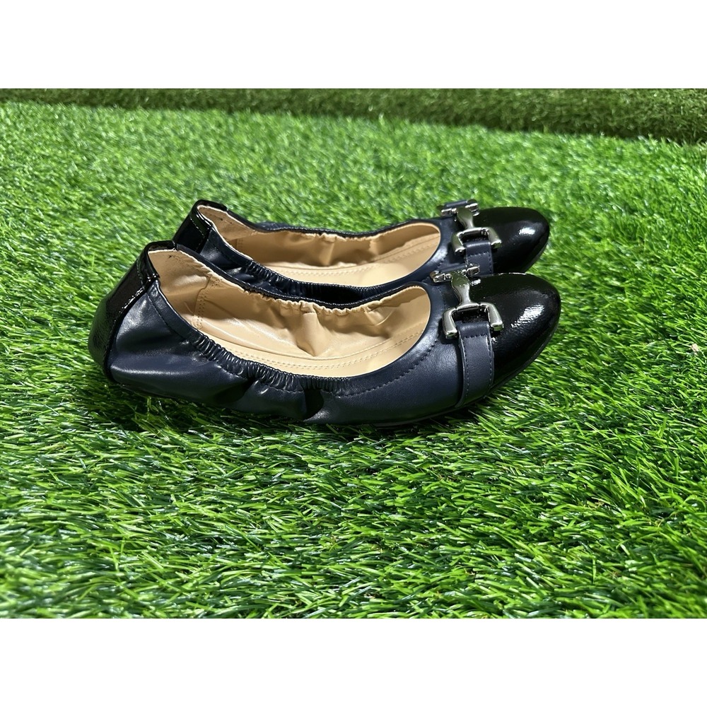 Adrienne Vittadini Women's Blue/Black Man Made Cap Toe Buckle Ballet Flats 8.5